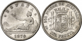 1870*1873. I República. DEM. 1 peseta. (AC. 19). 4,85 g. MBC-/MBC.