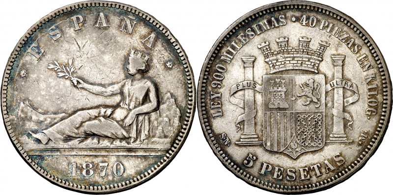 1870*1818. Gobierno Provisional. SNM. 5 pesetas. (AC. 40). Rara. 24,77 g. BC+.