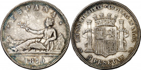 1870*1818. Gobierno Provisional. SNM. 5 pesetas. (AC. 40). Rara. 24,77 g. BC+.
