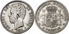 1871*1873. Amadeo I. DEM. 5 pesetas. (AC. 3). Escasa. 24,68 g. BC+.