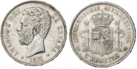 1871*1874. Amadeo I. DEM. 5 pesetas. (AC. 5). 24,90 g. MBC.