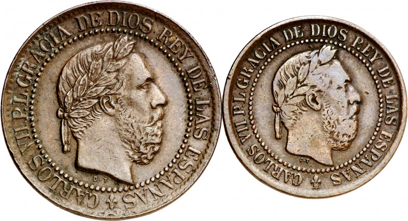 1875. Carlos VII, Pretendiente. Oñate. 5 y 10 céntimos. Lote de 2 monedas. MBC-/...