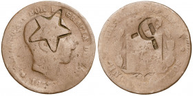 1877. Alfonso XII. Barcelona. OM. 5 céntimos. Contramarcas: estrella en anverso y hoz y martillo en reverso. 4,38 g. BC-.