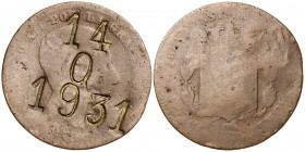 1878. Alfonso XII. Barcelona. OM. 5 céntimos. Contramarca: 14/a/1931. 4,44 g. BC.