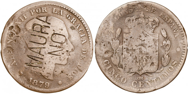 1879. Alfonso XII. Barcelona. OM. 5 céntimos. Contramarca: MAURA/NO. 4,58 g. BC-...