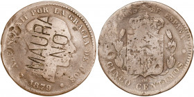 1879. Alfonso XII. Barcelona. OM. 5 céntimos. Contramarca: MAURA/NO. 4,58 g. BC-.