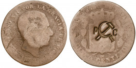 Alfonso XII. Barcelona. OM. 5 céntimos. Contramarca política: hoz y martillo entre P-C. 4 g. BC.