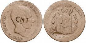 1877. Alfonso XII. Barcelona. OM. 10 céntimos. Contramarca política: CNT. 9,48 g. BC+.