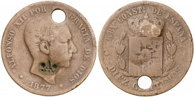 1877. Alfonso XII. Barcelona. 10 céntimos. Contramarca flor de lis. Perforación. 9,28 g. BC.
