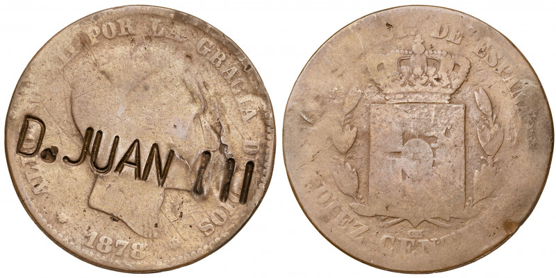 1878. Alfonso XII. Barcelona. OM. 10 céntimos. Contramarca D. JUAN III. 8,97 g. ...