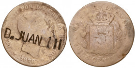 1878. Alfonso XII. Barcelona. OM. 10 céntimos. Contramarca D. JUAN III. 8,97 g. BC-.