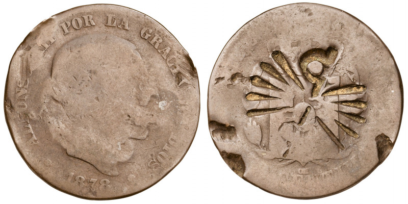1878. Alfonso XII. Barcelona. OM. 10 céntimos. Contramarca yugo y flechas. 8,12 ...