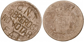 1878. Alfonso XII. Barcelona. OM. 10 céntimos. Contramarca CNT/OBREROS/NO VOTAR/FAI. 9,56 g. BC.
