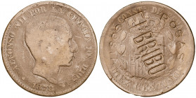 1878. Alfonso XII. Barcelona. (OM). 10 céntimos. Contramarca publicitaria: ROSAS/EL BRIBON/COSTA BRAVA. 9,64 g. BC+.