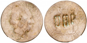 1879. Alfonso XII. Barcelona. OM. 10 céntimos. Contramarca UHP. 8,98 g. BC-.