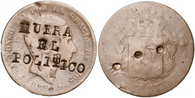 1879. Alfonso XII. Barcelona. OM. 10 céntimos. Contramarca MUERA/EL/POLITICO. 9,10 g. BC-.