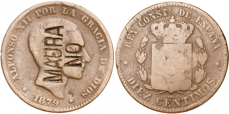 1879. Alfonso XII. Barcelona. OM. 10 céntimos. Contramarca política: MAURA/NO. 9...