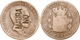 1879. Alfonso XII. Barcelona. OM. 10 céntimos. Contramarca política: MAURA/NO. 9,88 g. BC+.