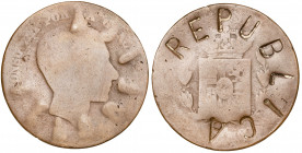 Alfonso XII. Barcelona. OM. 10 céntimos. Contramarca REPUBLICA. Fecha no visible. 8,68 g. BC-.