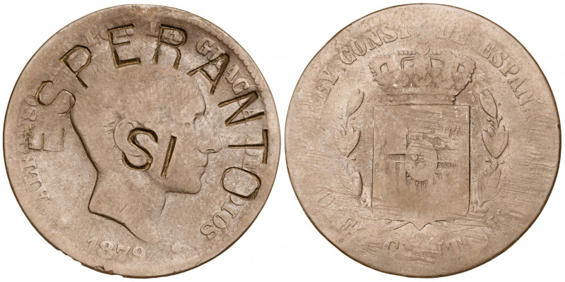 1879. Alfonso XII. Barcelona. OM. 10 céntimos. Contramarca ESPERANTO/SI. 9,46 g....