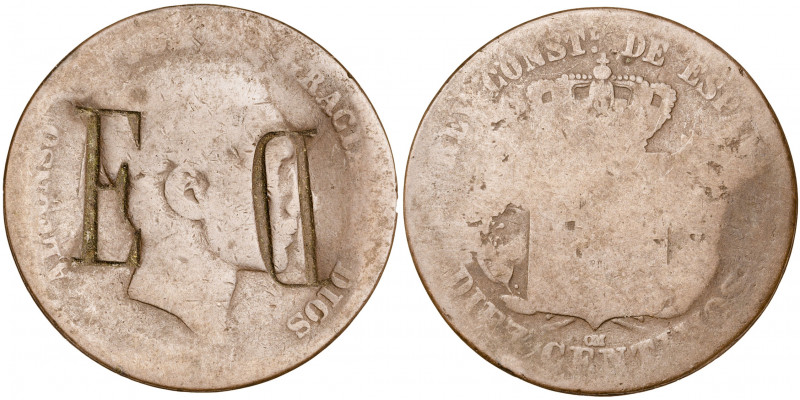 Alfonso XII. Barcelona. OM. 10 céntimos. Contramarca E. Fecha no visible. 9,32 g...