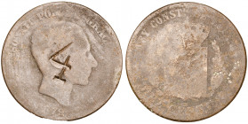 1879. Alfonso XII. Barcelona. OM. 10 céntimos. Contramarca 4. 8,66 g. BC-.