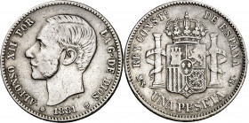 1881*1881. Alfonso XII. MSM. 1 peseta. (AC. 17). Escasa. 4,92 g. MBC-/BC+.