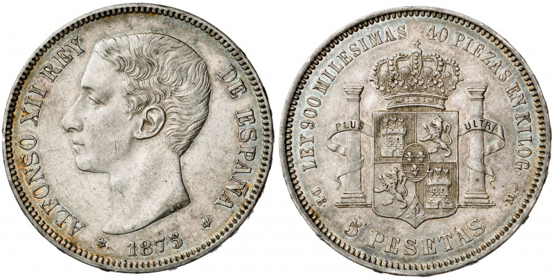 1875*1875. Alfonso XII. DEM. 5 pesetas. (AC. 35). Bonita pátina. 24,84 g. MBC/MB...