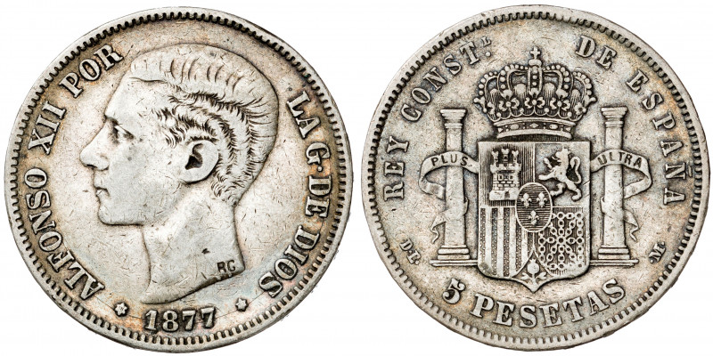 1877*1877. Alfonso XII. DEM. 5 pesetas. (AC. 38). 2ª estrella floja. Contramarca...