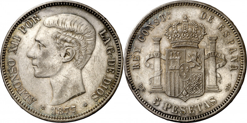 1877*1877. Alfonso XII. DEM. 5 pesetas. (AC. 38). Atractiva. 24,95 g. MBC+.