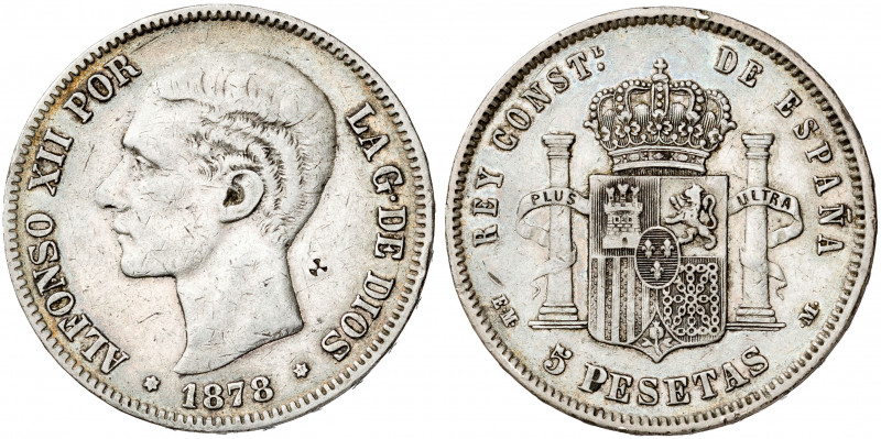 1878*1878. Alfonso XII. EMM. 5 pesetas. (AC. 41). Pequeña contramarca particular...