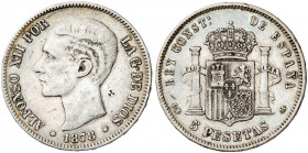 1878*1878. Alfonso XII. EMM. 5 pesetas. (AC. 41). Pequeña contramarca particular en anverso. 24,86 g. BC+.