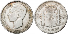 1878*1878. Alfonso XII. MSM. 5 pesetas. (Barrera 1192, ¿error fecha?). Falsa de época de ensayador imposible. 24,69 g. BC.