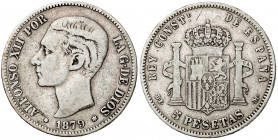 1879*----. Alfonso XII. DEM. 5 pesetas. (Barrera 1209). Falsa de época de ensayador imposible. 24,66 g. BC+.