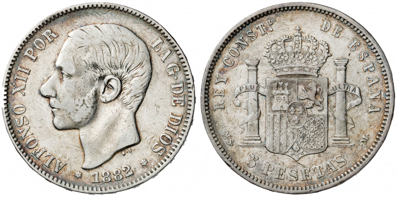 1882/1*1881. Alfonso XII. MSM. 5 pesetas. (AC. 45). Escasa. 24,77 g. BC+.