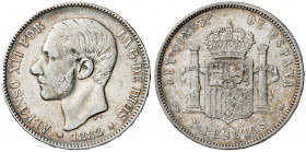 1882/1*1881. Alfonso XII. MSM. 5 pesetas. (AC. 45). Escasa. 24,77 g. BC+.