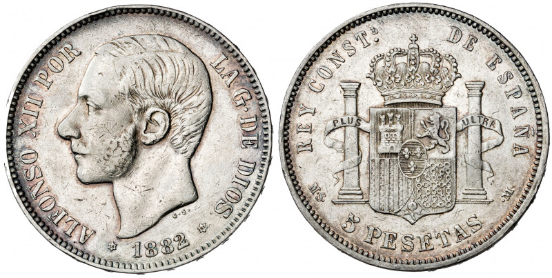 1882/1*1882/1. Alfonso XII. MSM. 5 pesetas. (AC. 46). Escasa. 24,95 g. BC+/MBC-.