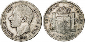 1884*----. Alfonso XII. PGV. 5 pesetas. (Barrera 1235). Falsa de época de ensayador imposible. 24,48 g. BC.