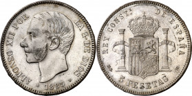 1885*1887. Alfonso XII. MSM. 5 pesetas. (AC. 62). Leves rayitas. Parte de brillo original. 24,93 g. MBC+/EBC-.
