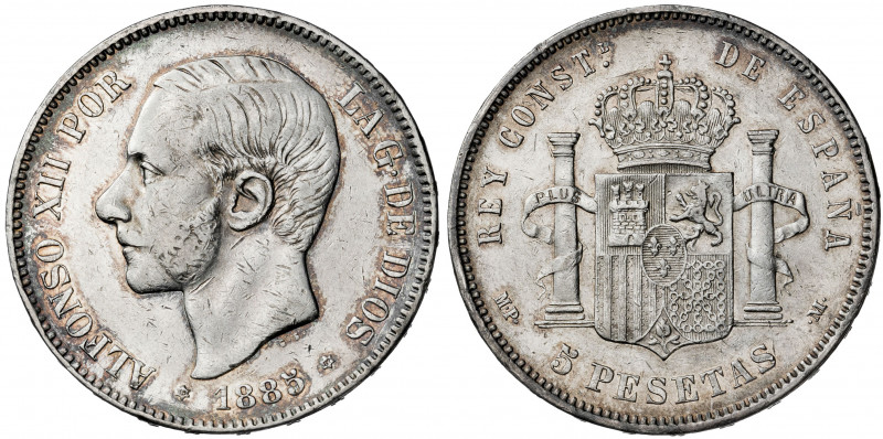 1885*1887. Alfonso XII. MPM. 5 pesetas. (AC. 63). 24,90 g. BC+/MBC-.