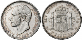 1885*1887. Alfonso XII. MPM. 5 pesetas. (AC. 63). 24,90 g. BC+/MBC-.