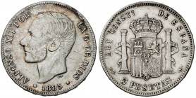 1885*18--. Alfonso XII. PGM. 5 pesetas. (Barrera 1241). Falsa de época de ensayador imposible. 25,41 g. BC+/MBC-.