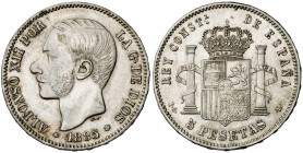 1885*1887. Alfonso XII. PGL. 5 pesetas. (Barrera 1242). Falso de época de ensayador imposible. 23,37 g. MBC/MBC+.