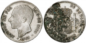 1885*18--. Alfonso XII. MPM. 5 pesetas. (Barrera 1243). Falsa de época. Oxidaciones. 24,75 g. BC.