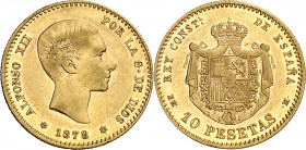 1878*1878. Alfonso XII. EMM. 10 pesetas. (AC. 65). Rayita. Parte de brillo original. 3,21 g. MBC+.