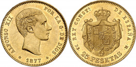 1877*1877. Alfonso XII. DEM. 25 pesetas. (AC. 68). Brillo original. 8,05 g. EBC+.