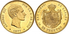 1877*1877. Alfonso XII. DEM. 25 pesetas. (AC. 68). Bella. Brillo original. 8,05 g. S/C-.
