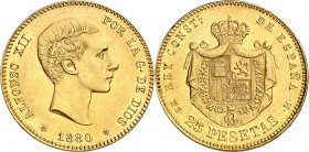 1880*1880. Alfonso XII. MSM. 25 pesetas. (AC. 79). Rayitas. Parte de brillo original. 8,04 g. EBC.