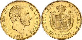 1884*1884. Alfonso XII. MSM. 25 pesetas. (AC. 89). Leves marquitas. Escasa. 8,03 g. EBC-.