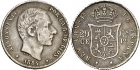 1884. Alfonso XII. Manila. 20 centavos. (AC. 110). Muy escasa. 5,03 g. MBC.
